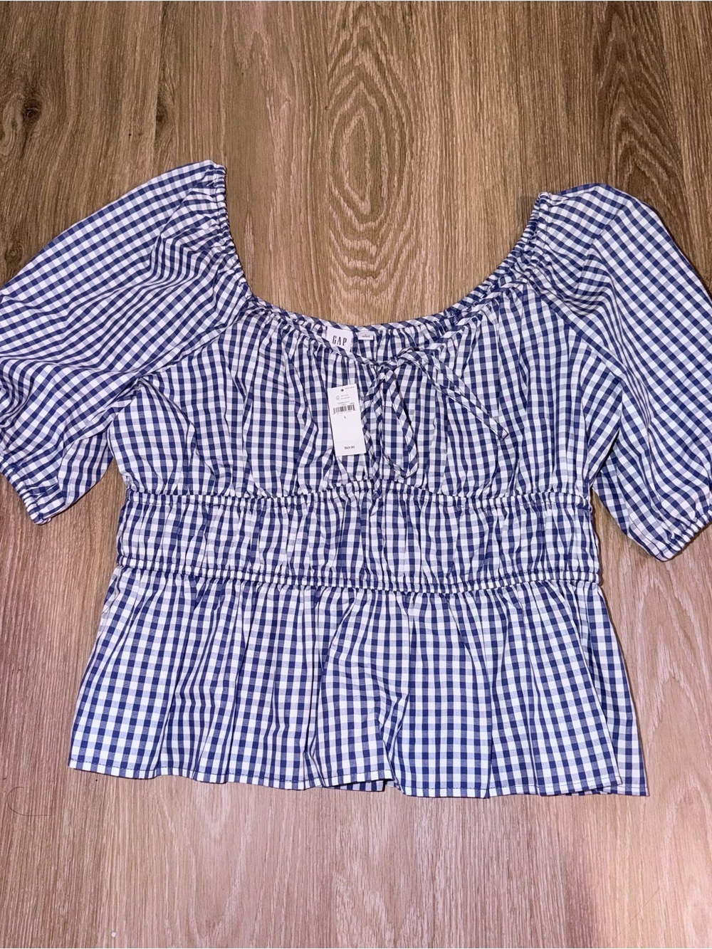 GAP Blue & White Gingham Smocked Waist Peplum Blouse